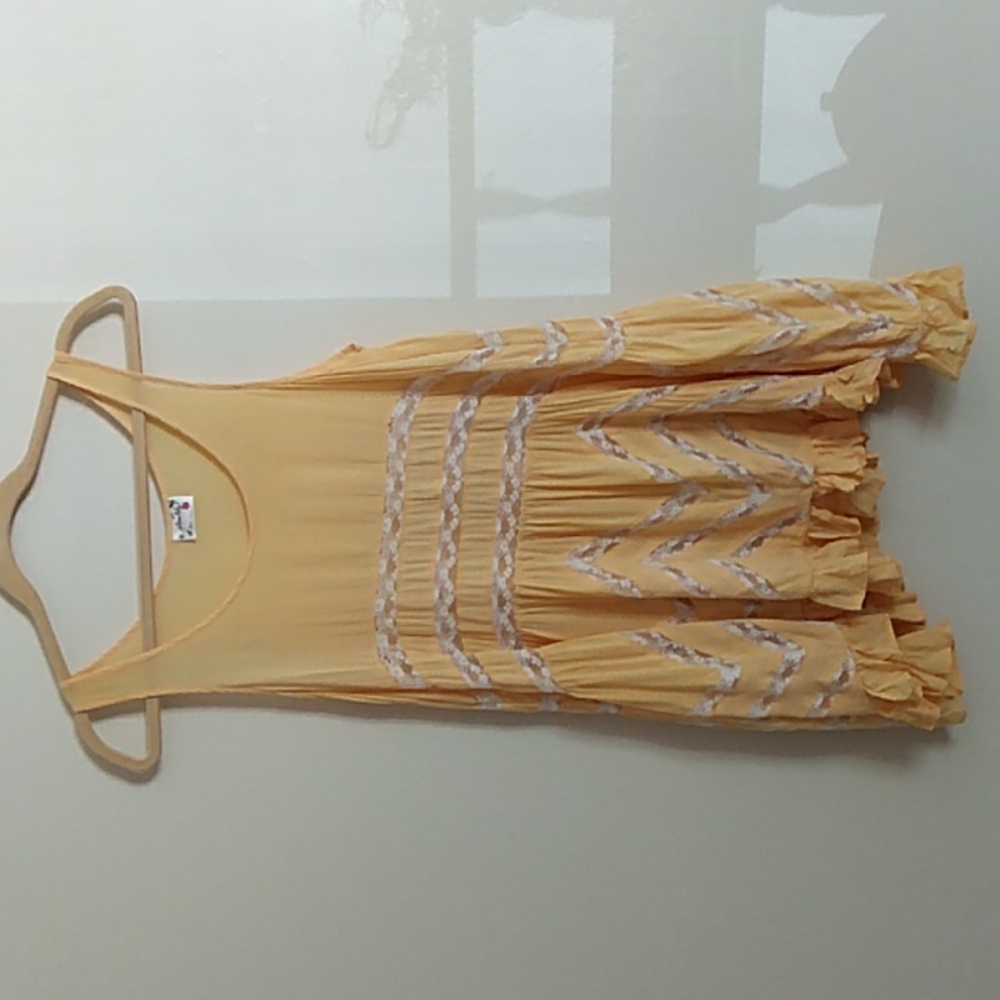 Intimately Free People SZ XS TP Yellow White Lace  Trim White Dots Mini Dress